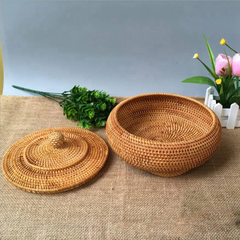 LUDA 2X Storage Basket Hand-Woven Rattan Woven With Cover Round Primary Color Chinese Jewelry Snacks Tea Set Storage Box