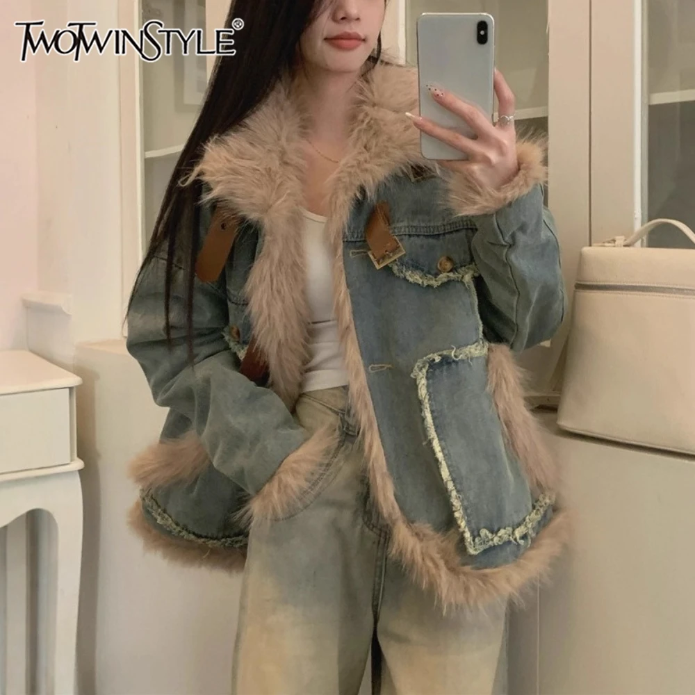 

TWOTWINSTYLE синяя куртка высокого класса со сращенными карманами, женские свободные куртки с лацканами и длинными рукавами в американском стиле ретро, осенняя мода