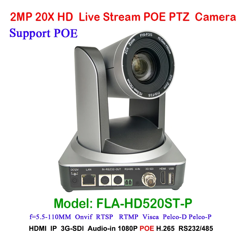 

2MP Full HD Indoor Broadcast Digital Video Camera PTZ 20x Optical Zoom 1920x1080 at 60fps HDMI 3G-SDI IP POE 54.7 degree FOV