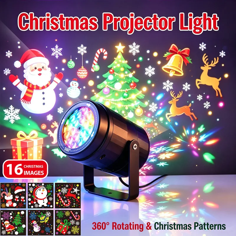 Christmas projector light 360° Rotating Christmas Halloween Projection Light, USB Powered Festival Pattern Projector for Indoor