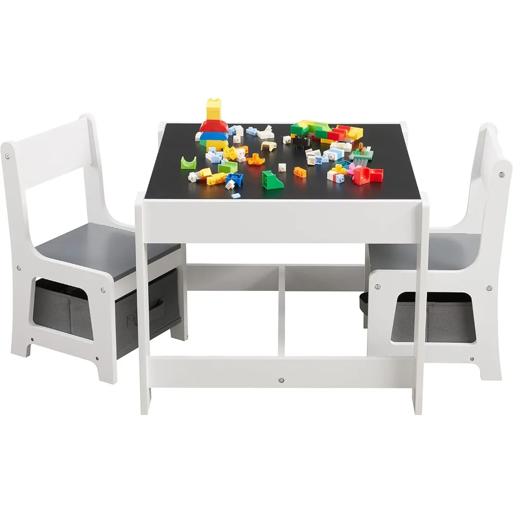 Kids Table and Chair Set, 3 in 1 Wooden Activity Table with Storage Drawer for Toddlers Drawing, Reading, 2 in 1 Detachable