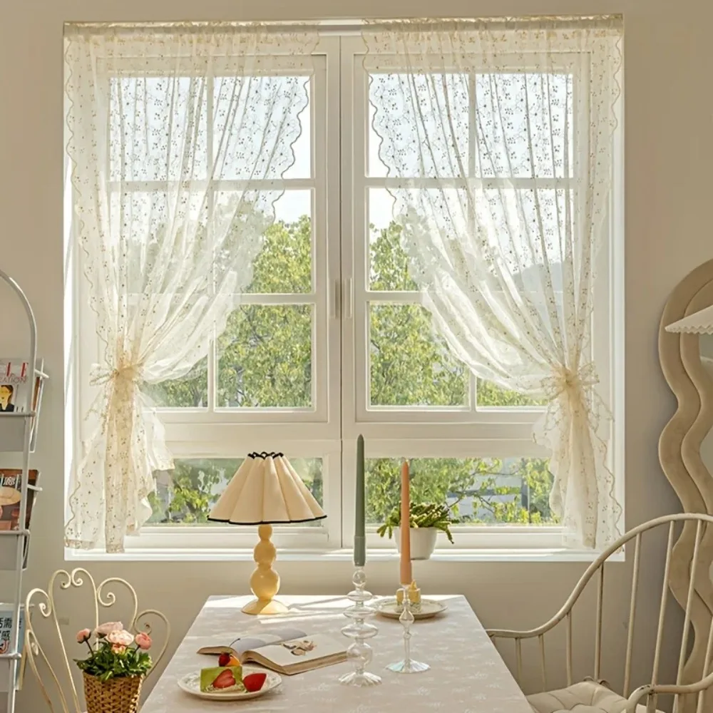 Elegance, Charming Beige Lace Floral Cafe Curtain - Embroidered, Rod Pocket Design for Kitchen & Dining Room Decor