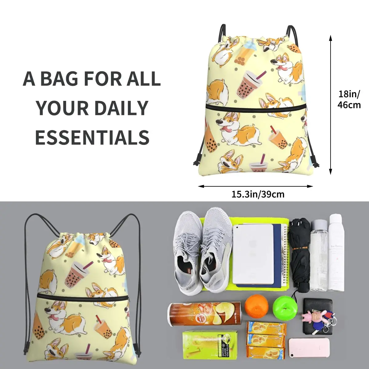 Corgi And Bubble Tea-mochila portátil con cordón para hombre y mujer, bolsa con cordón de moda, bolsa de artículos diversos de bolsillo para viajes, deporte