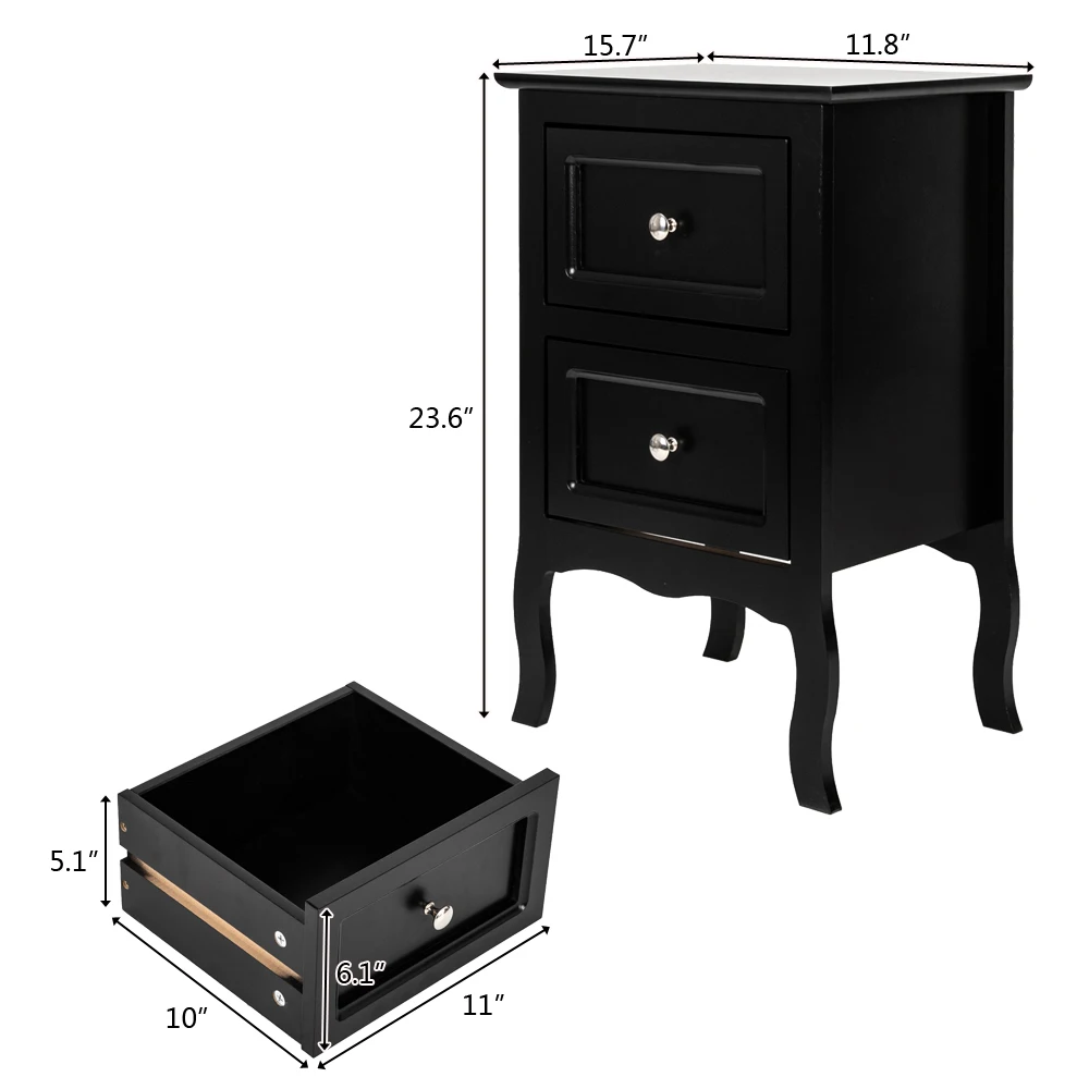 Country Style Nightstand 2-Tier Night Table Large Size White/Black[US-W]