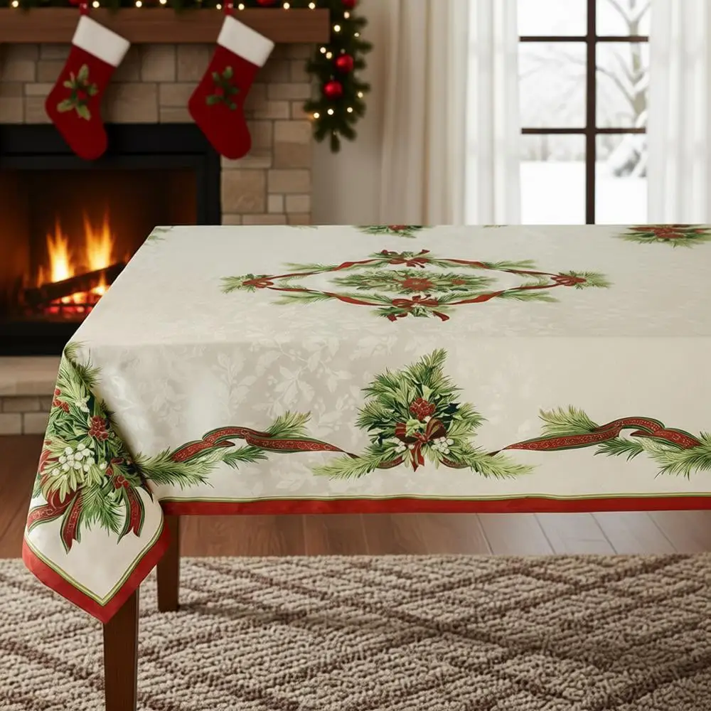 

Winter Holiday Ribbons Printed Fabric Tablecloth, 60 x 120, Christmas Decorative Table Cover