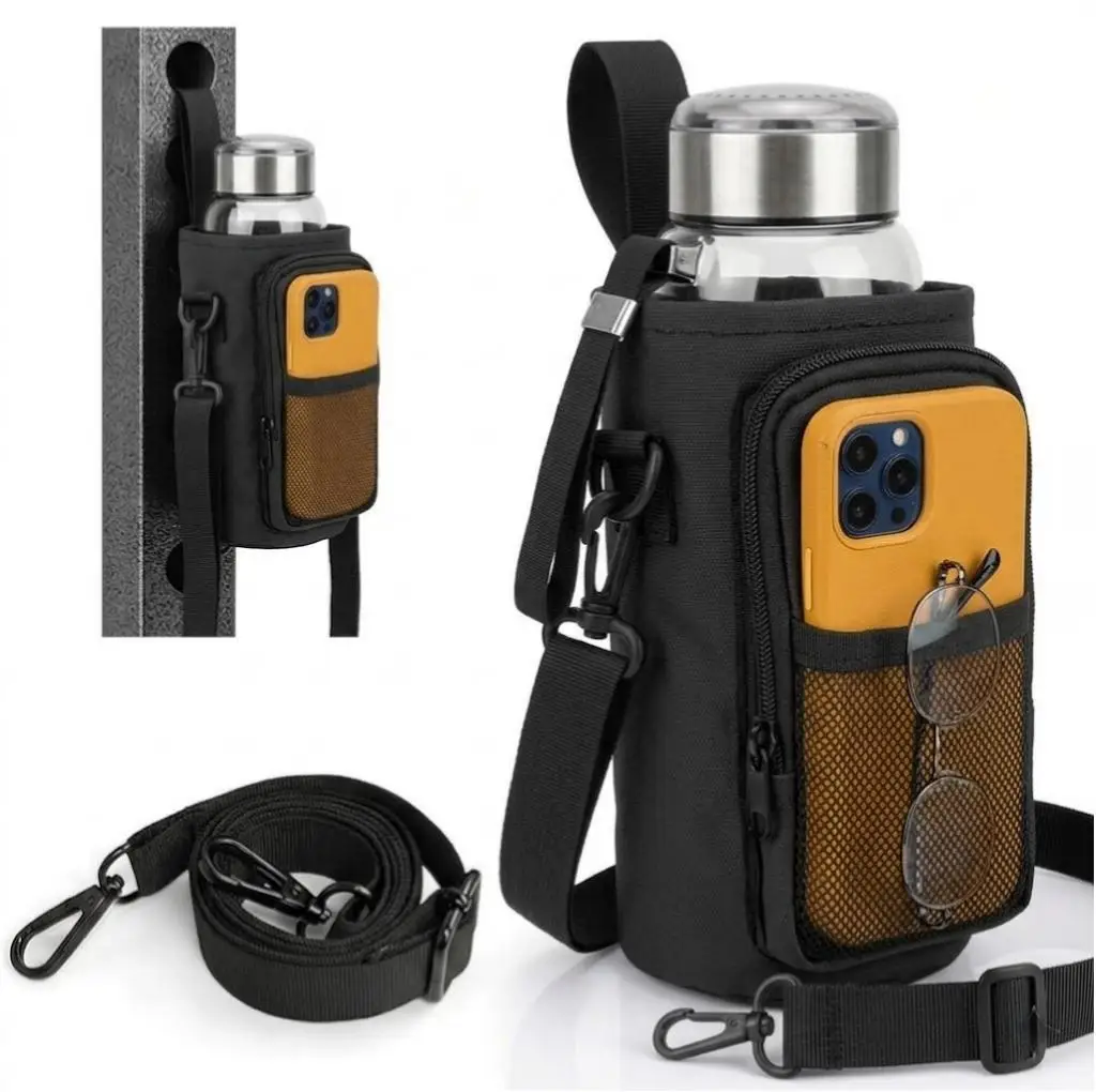 Upgraded Magnetic Water Bottle Holder with Phone Pocket, Strong Magnet, RFID Safe, Adjustable Strap for Gym Workout