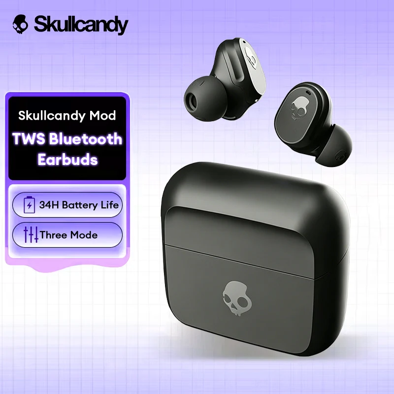 Auriculares inalámbricos Skullcandy Mod TWS con Bluetooth V5.2, auriculares deportivos impermeables IP55, auriculares para juegos de baja latencia, batería con duración de 34 horas