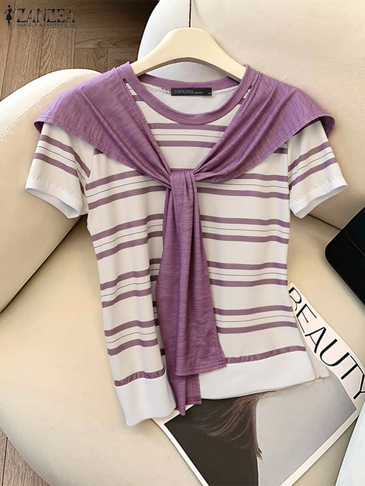 ZANZEA 2025 Vrouwen Streep Blouse Casual Losse Sjaal Tops Mode O-hals Tuniek Oversized Patchwork Korte Mouw Trui S-3XL