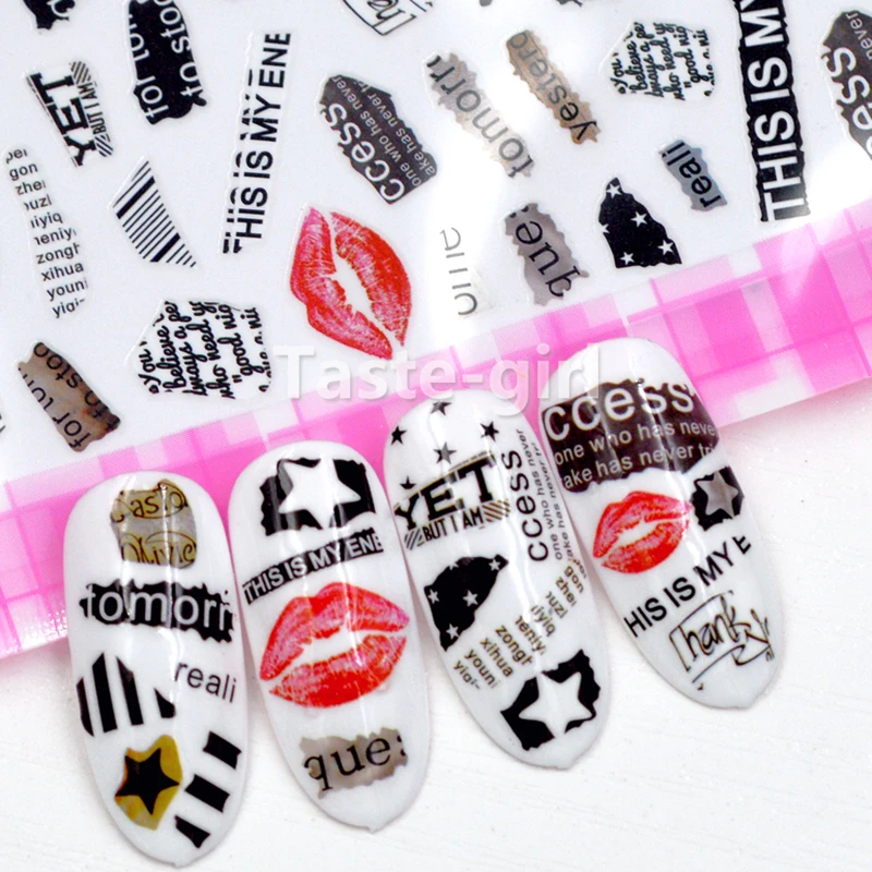 Self-adhesive Black Letter Flower Fruit Nail Sticker Decal For Nail Art Decoration Manicure Supplies Fake Nails Tips Design Tool