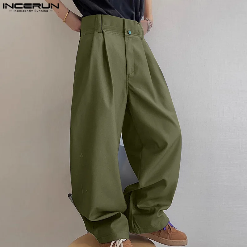 

INCERUN Men Pants Solid Color High Waist Pleated Button Casual Trousers Men Loose Joggers Fashion Male Long Pants Streetwear