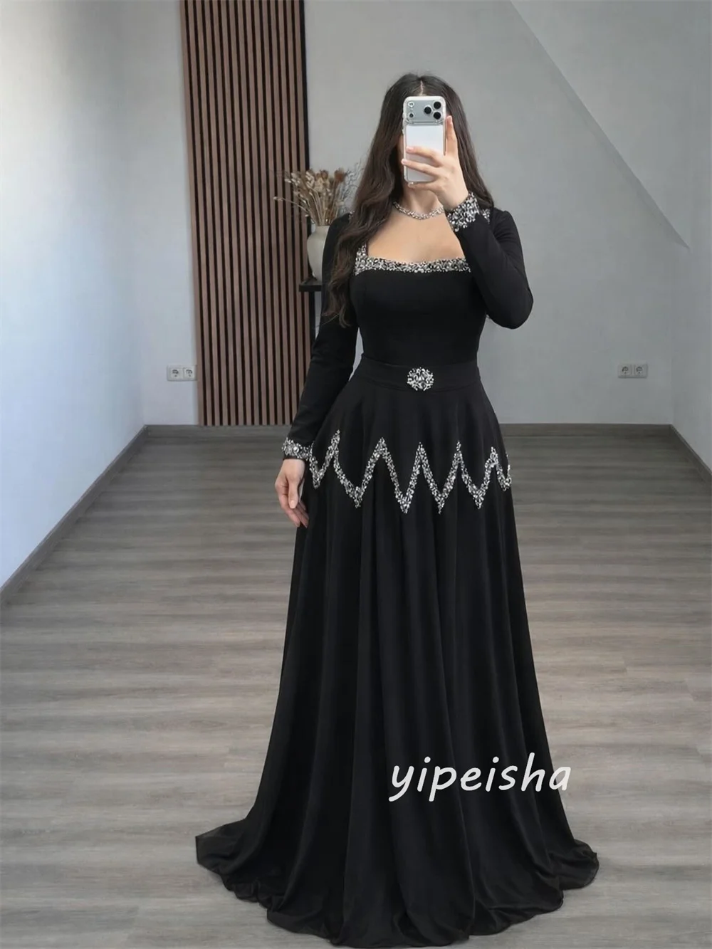 Customized Matching Sexy Chiffon Pleat Beading Sequined A-line Square Neck Long Dresses Evening Dresses Exquisite High Quality