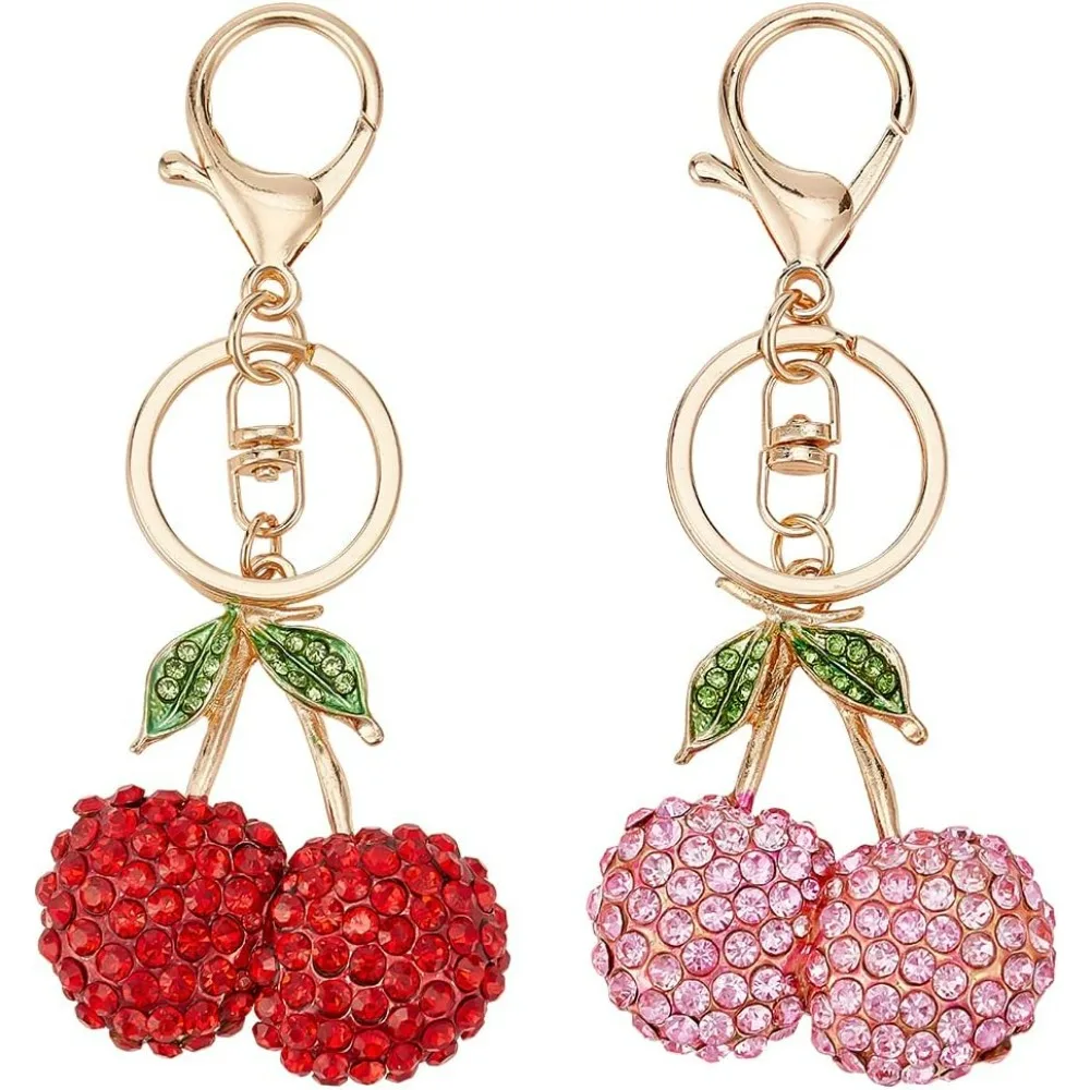 2 Styles Lovely Cherry with Leaves Keychain Zinc Alloy Rhinestone Keychain with Iron Key Rings Purse Pendant Handbag making kit