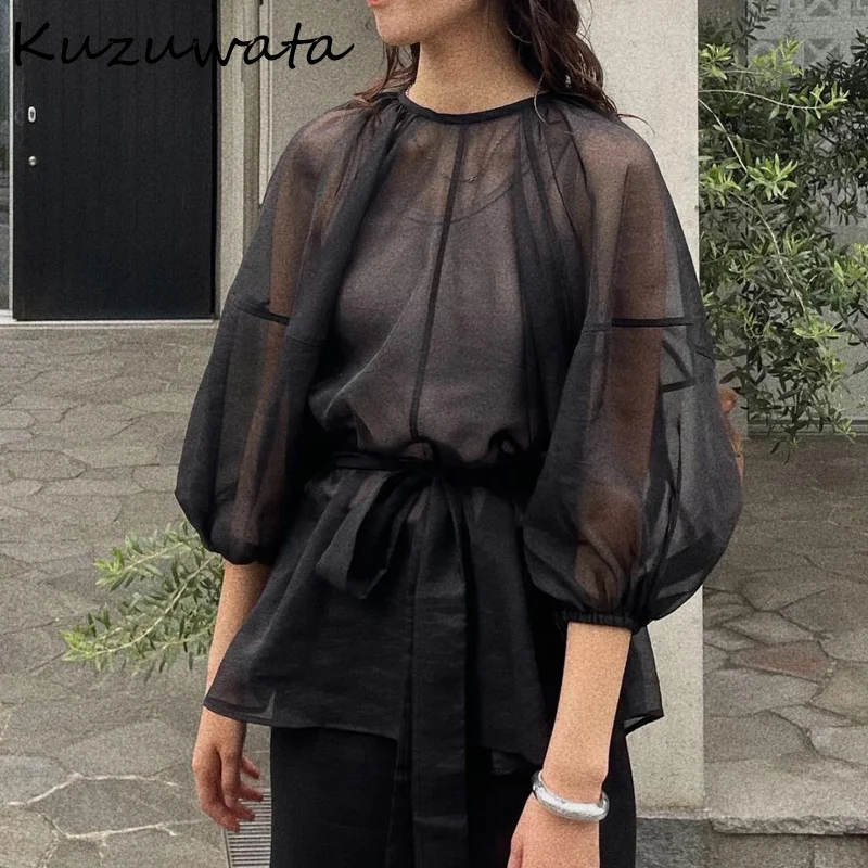 Kuzuwata Translucent Black Round Neck Drawstring Elegant Shirt Puff Sleeve Slim Waist Blouse Japanese New Fashion Mujer Blusa