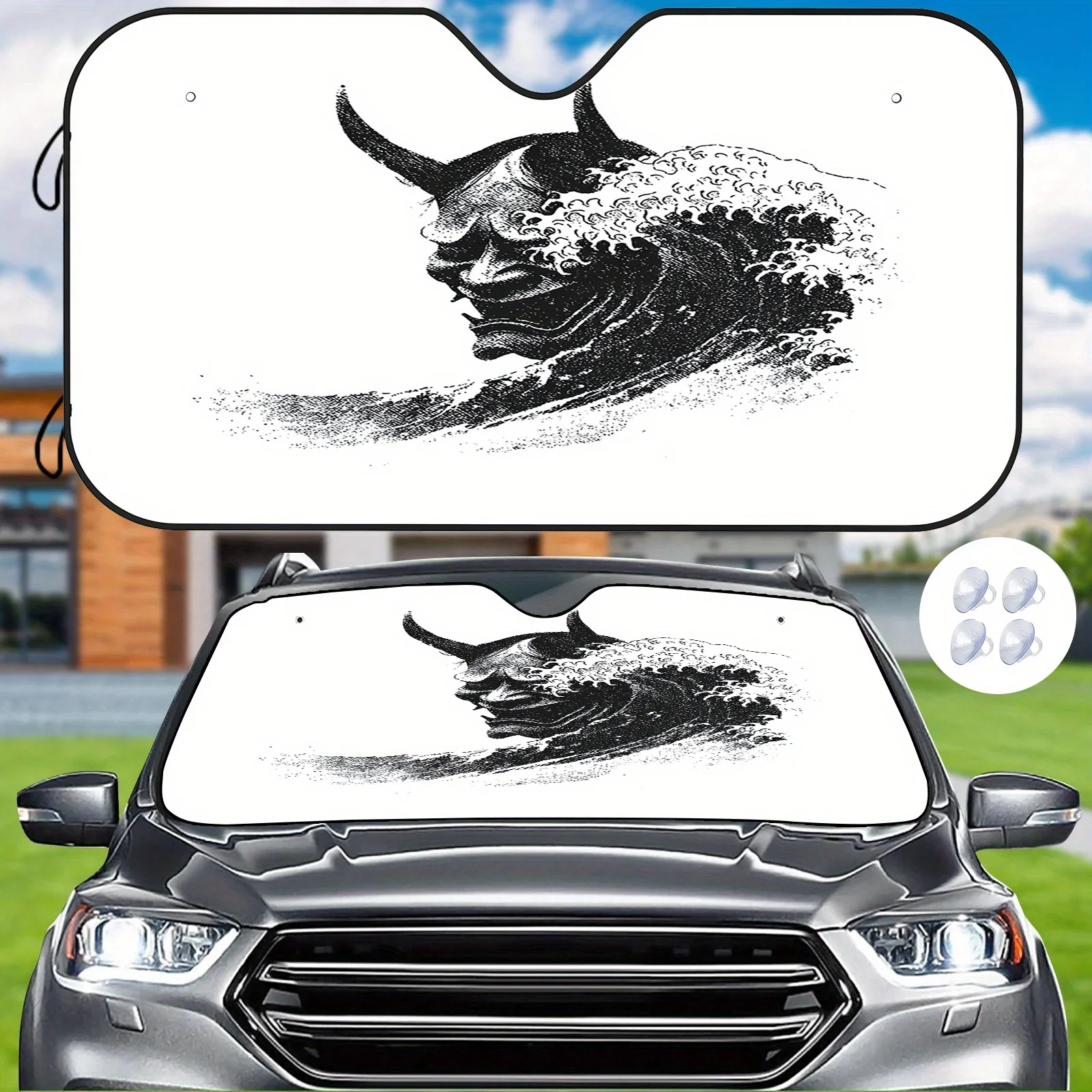 

Ukiyo-e Evil Spirit Wave Автомобильный солнцезащитный козырек, теплоизоляция и защита от ультрафиолета, демонстрирующий японский стиль внутри автомобиля, поставляется с