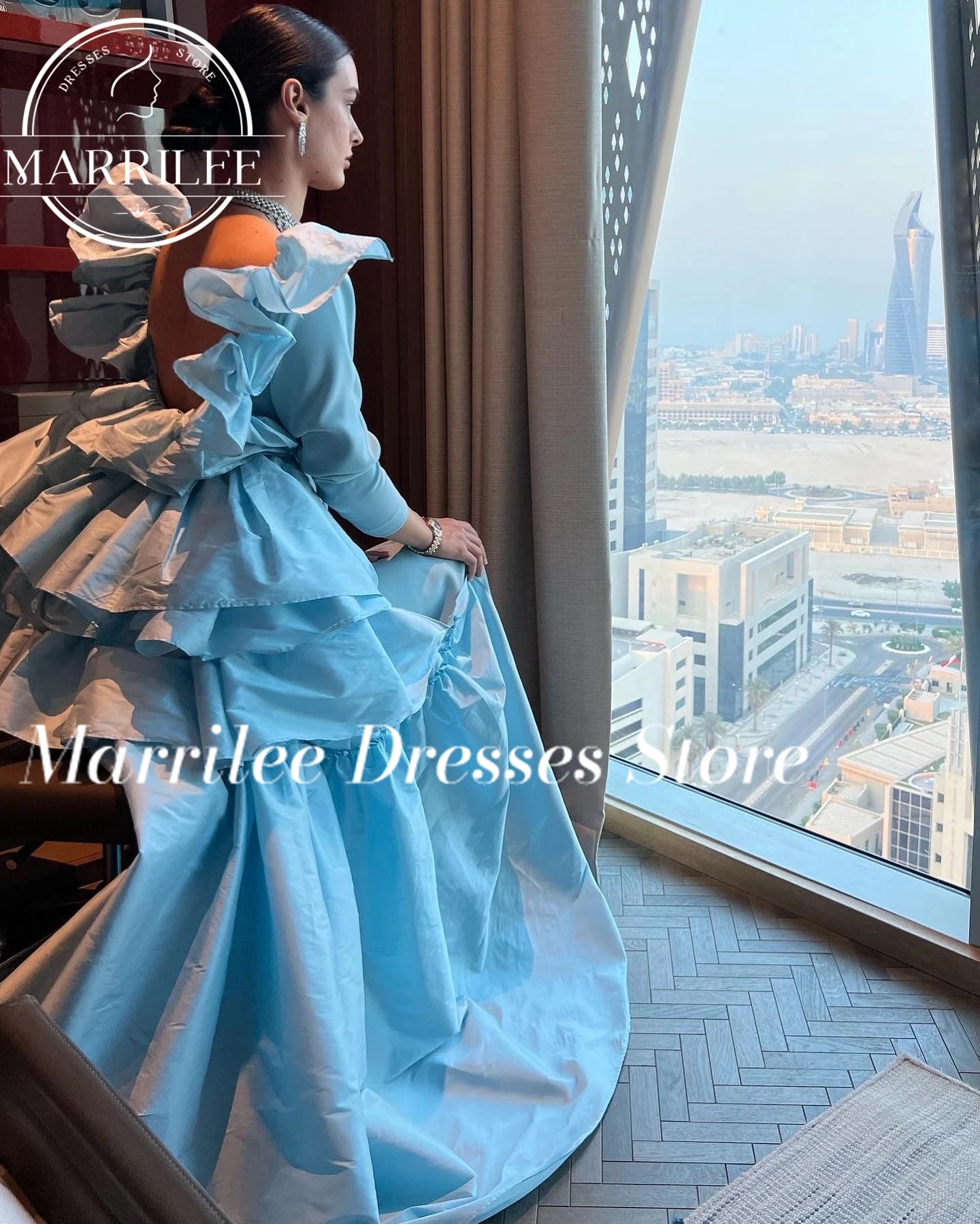 Marrilee Scoop Solid Color Backless Ruffles Charming High quality Long Sleeves Sweep TrainElegant Party Evening Dresses Woman