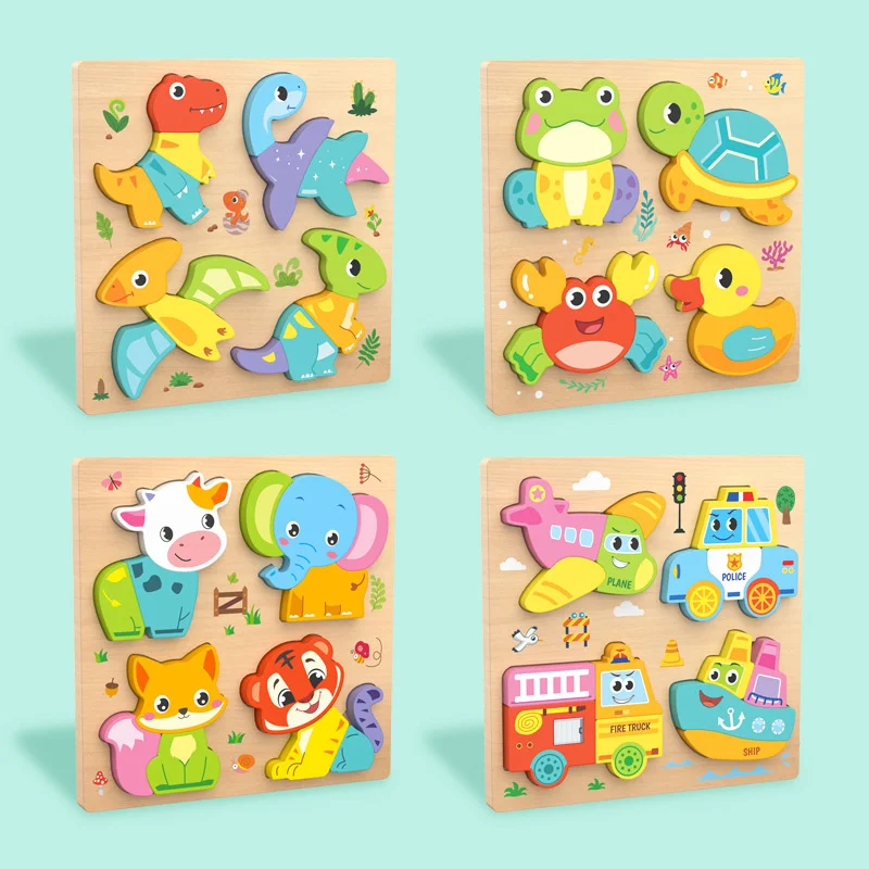 4-in-1 Wood Puzzle Cartoon 3D Animals Cognitive Jigsaw Puzzle Portable Safe Early Learning Puzzle Set Children Educational Toys