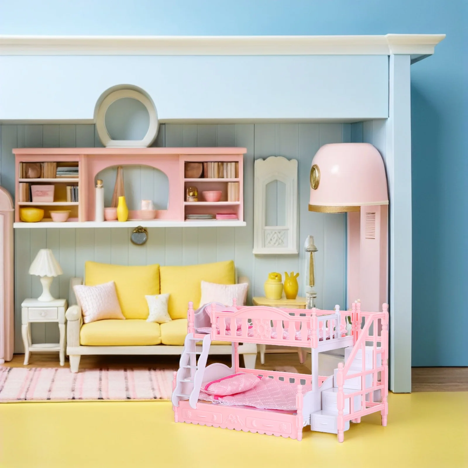 1 Juego de 1 Juego de litera para casa de muñecas 1:12, Mini muebles para niños, juego realista, simulación segura y duradera, decoración de habitación, juego de dormitorio