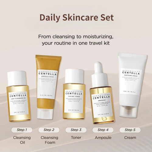 Imagen 2 del producto Kit de Viaje Coreano Centella, Tónico, Ampolla, Crema Calmante, Espuma Limpiadora, Aceite Limpiador, Kit de Prueba Básico para el Cuidado de la Piel, Mini Caja de 5 Piezas