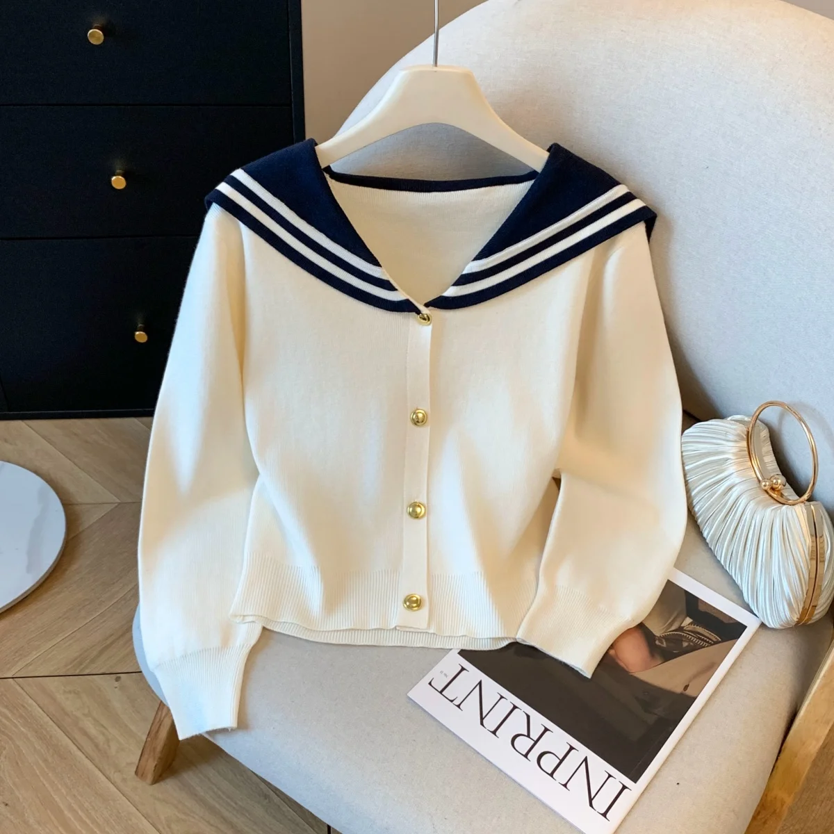 

Naval Collar Striped Knitted Open Cardigan Women's Autumn New Style Korean System Anti-Aging Sweater Long Sleeve Silk Top