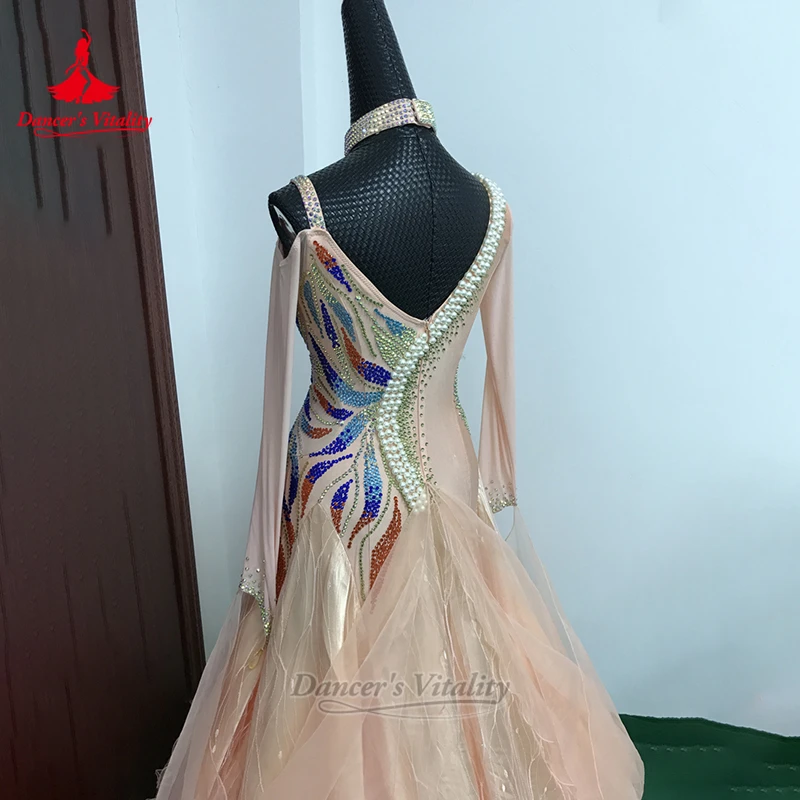 قاعة الرقص الروبيان الوردي اللؤلؤ الديكور طويلة الأكمام ملفوفة الوركين فستان تخصيص حيوية الراقصة الكبار الفالس التانغو الملابس