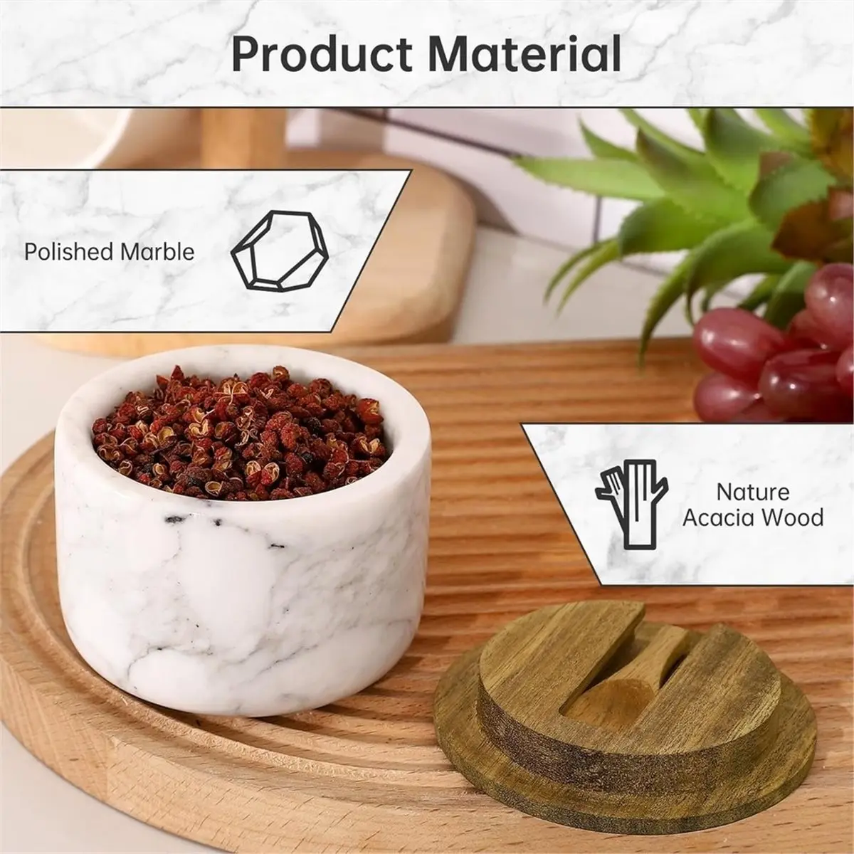 Workshop Gear Seasoning Jars with Wooden Lids and Spoons, Marble Salt Shakers, and Seasoning Storage Jars-Perfect for Kitchen
