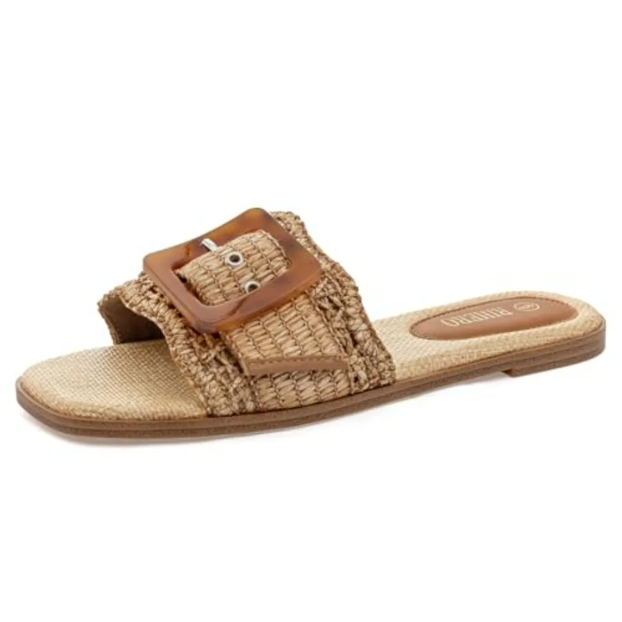 Sandalias planas de rafia para mujer, con punta cuadrada abierta, para verano, playa, con hebilla tejida, estilo slip-on.
