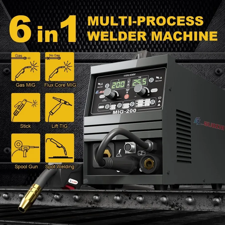 200A MIG Welder, 6 in 1 Stick Welder/Gas MIG/pool Gun Multi-Process, Dual LCD Digital Display (US Connector)