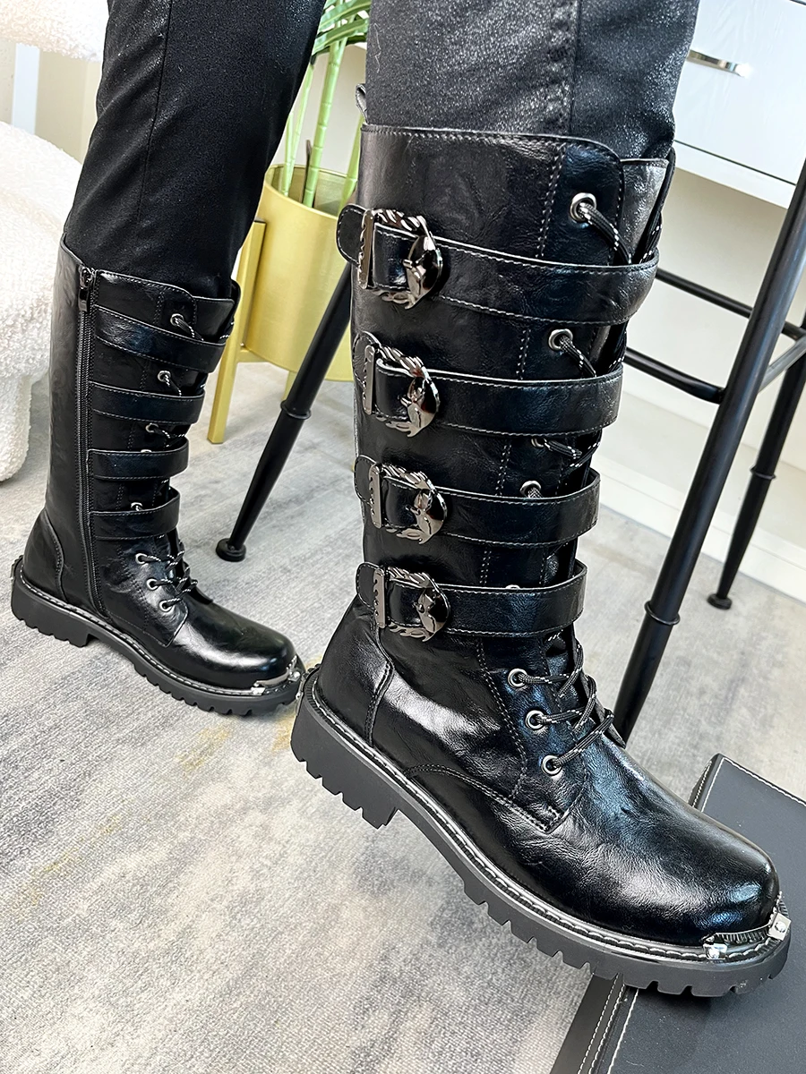 Retro Metal Decor Belt Buckle Long Boots for Men Round Toe Lace Up Thick Soled Knight Boots Autumn Winter New Outdoor Male Shoes view 5