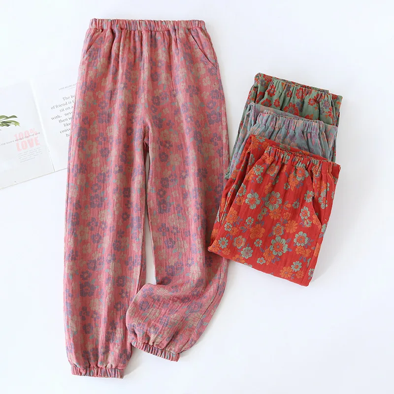 2024 Spring/Summer New Women\'s Sleeping Pants 100% Cotton Jacquard Cute and Fresh Flower Pants Loose Closing Home Pants Ladies