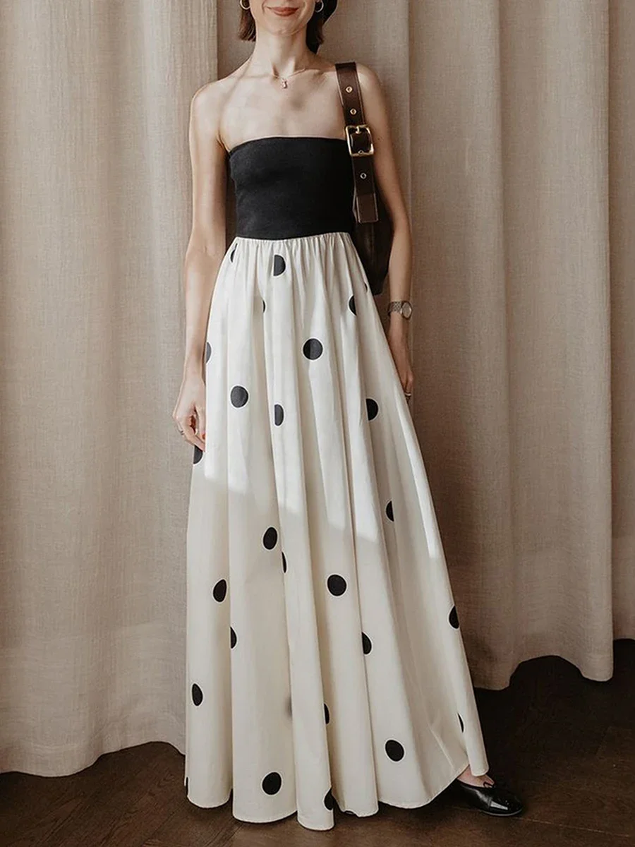 Women Strapless Polka Dot Printed Party Strapless Long Dress Summer Printed A-Line Cocktail Beach Streetwear, Aesthetic Clothing