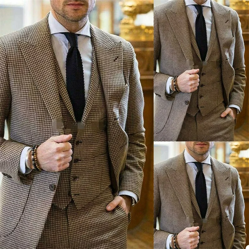 Hahnentritt Männer Anzüge Büro Set 3 Pcs Maß Britischen Stil Braun Tweed Hochzeit Bräutigam Tuexdos Formale Business Prom Tragen