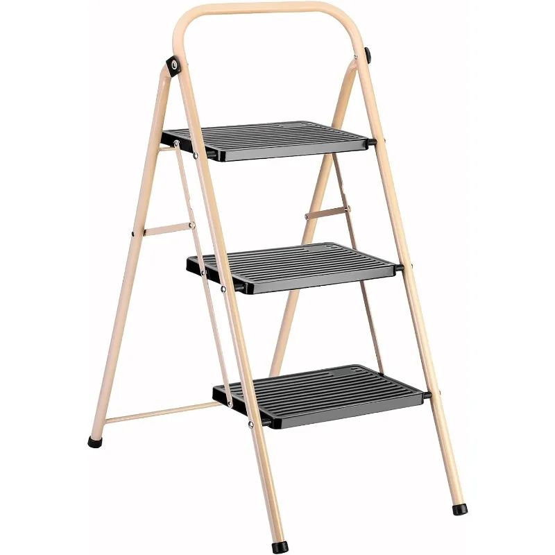 

Folding Step Ladder with Handle Grip Heavy Duty Steel Sturdy Wide Pedal Lightweight Anti-Slip Portable & Collapsible