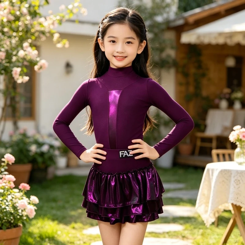 

Girls Long Sleeve Latin Dance Costume Split Skirt Outfit Kids Professional Samba Cha Cha Stage Performance Dancewear Zym
