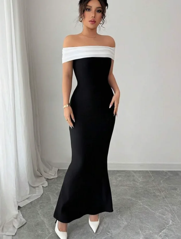 High Quality Customized Strapless Backless Ankle Length Color Contrast Robe Pour Mariage Invité Evening Kleider Damen Elegant