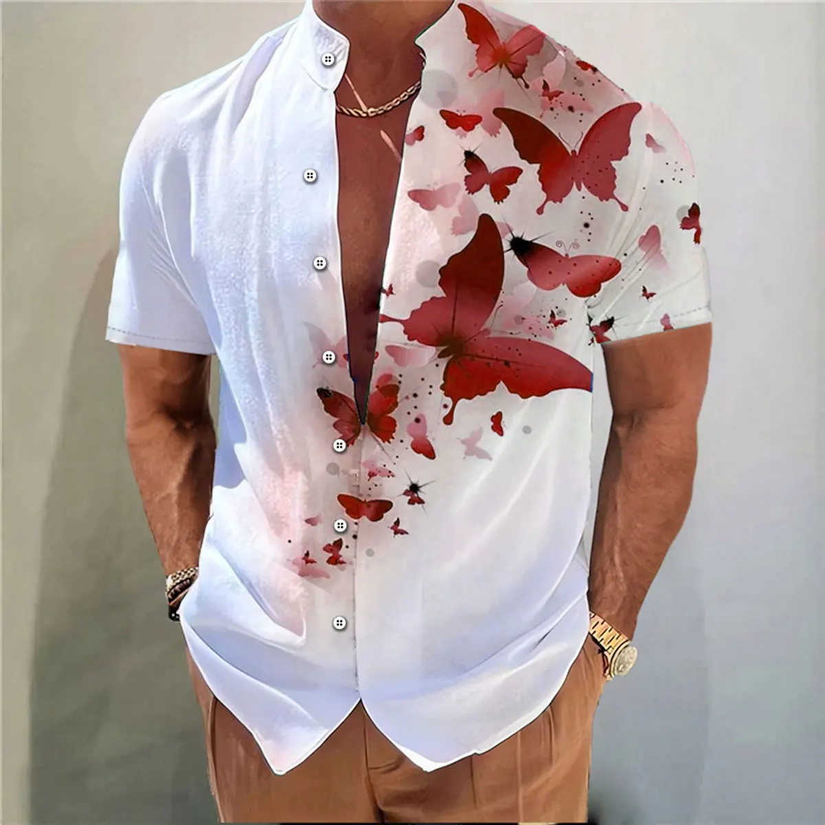 Men's shirt butterfly pattern 3D printing stand collar multi-color outdoor street short sleeve Hawaiian large size shirt XS-6XL