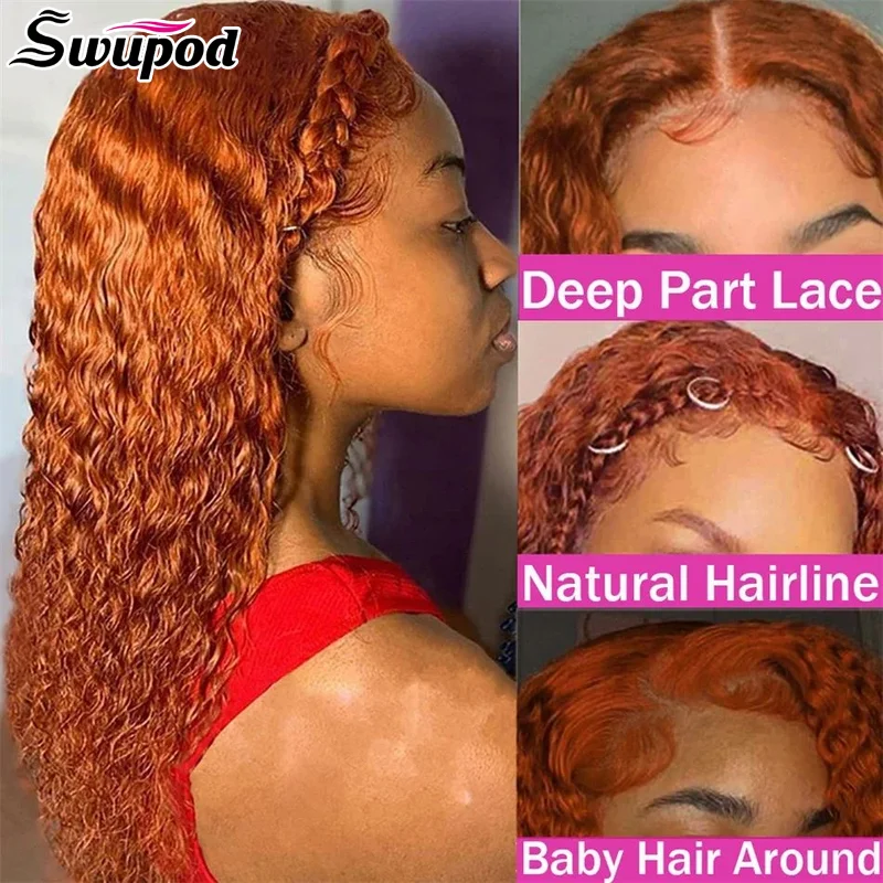 Peruca de Cabelo Humano Onda Profunda Transparente, Gengibre Laranja, HD Lace Frontal Peruca, Água Colorida Peruca Encaracolada, Perucas Pré Arrancadas, 13x6, 13x4