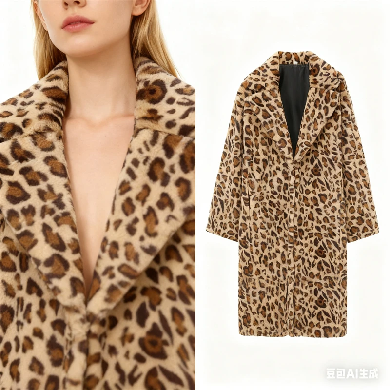 

Women's Leopard Print Faux Fur Overcoat, Lapel Collar Long Sleeve Chic Warm Coat for Cold Weather