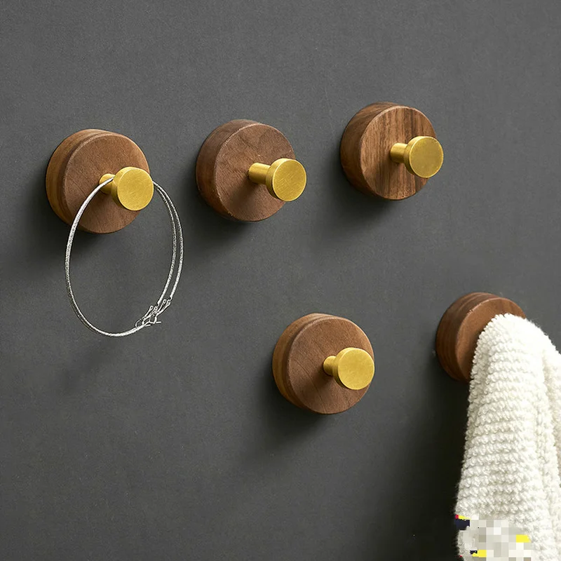 Creative Coat Hook Free Perforated Walnut Wood with Space Aluminum Gold Hanger Wall Doorway Wall Load-bearing Hook Without Trace