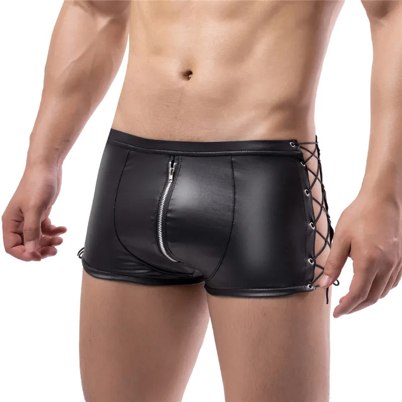 Men Sexy PU Leather Skinny Bandage Zipper Shorts Side Hollow Out Lace-up Boxer Shorts Nightclub Stage Tight Pants Dance Clubwear