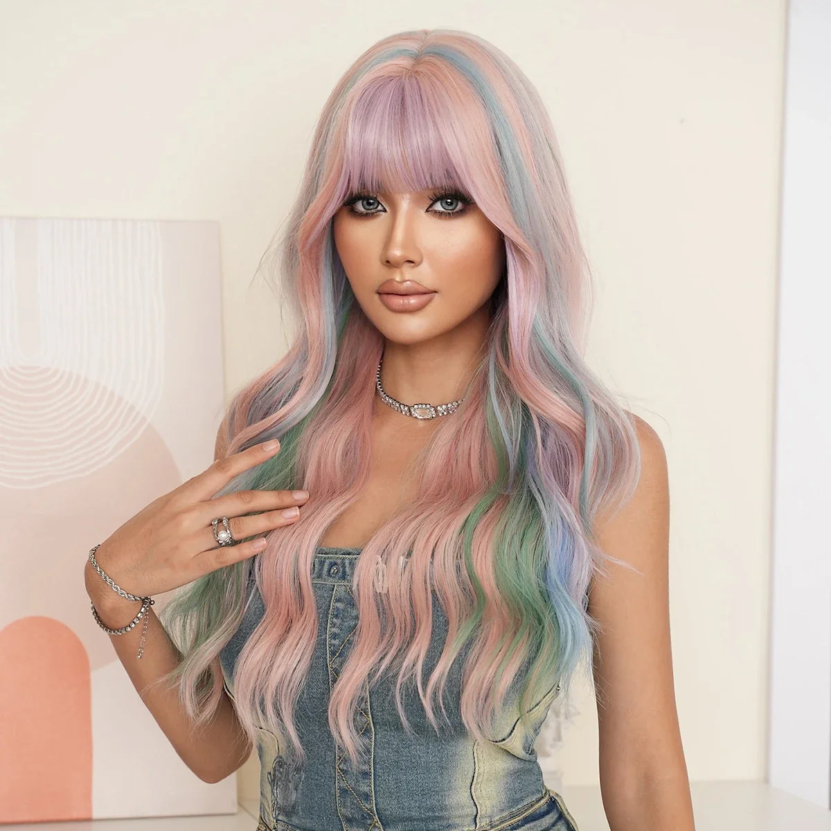 NAMM Long Curly Iridescent Rainbow Color Multicolour Synthetic Wigs For Women Daily Party Cosplay Heat Resistant Hair With Bangs