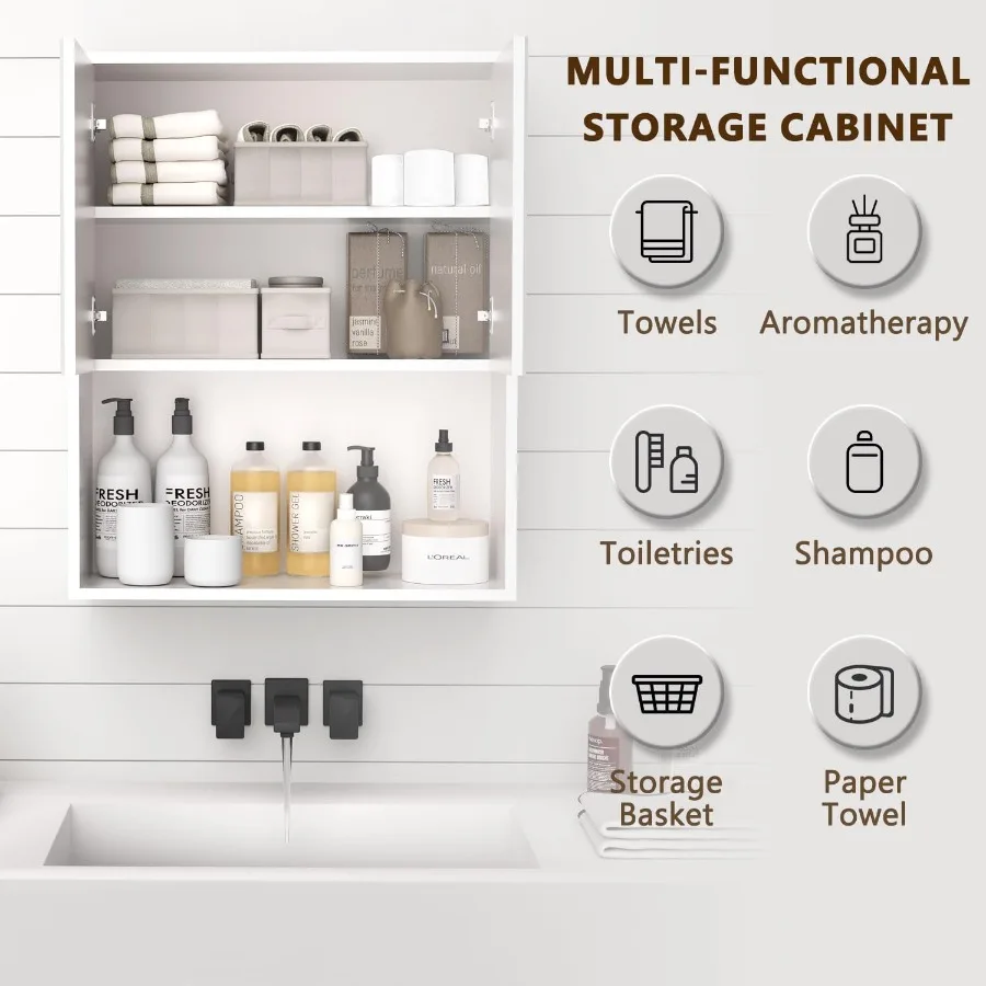 خزانة حائط للحمام مخدد فوق خزانة تخزين المرحاض مثبتة على الحائط مع رف قابل للتعديل منظم عائم ومعلق K #5