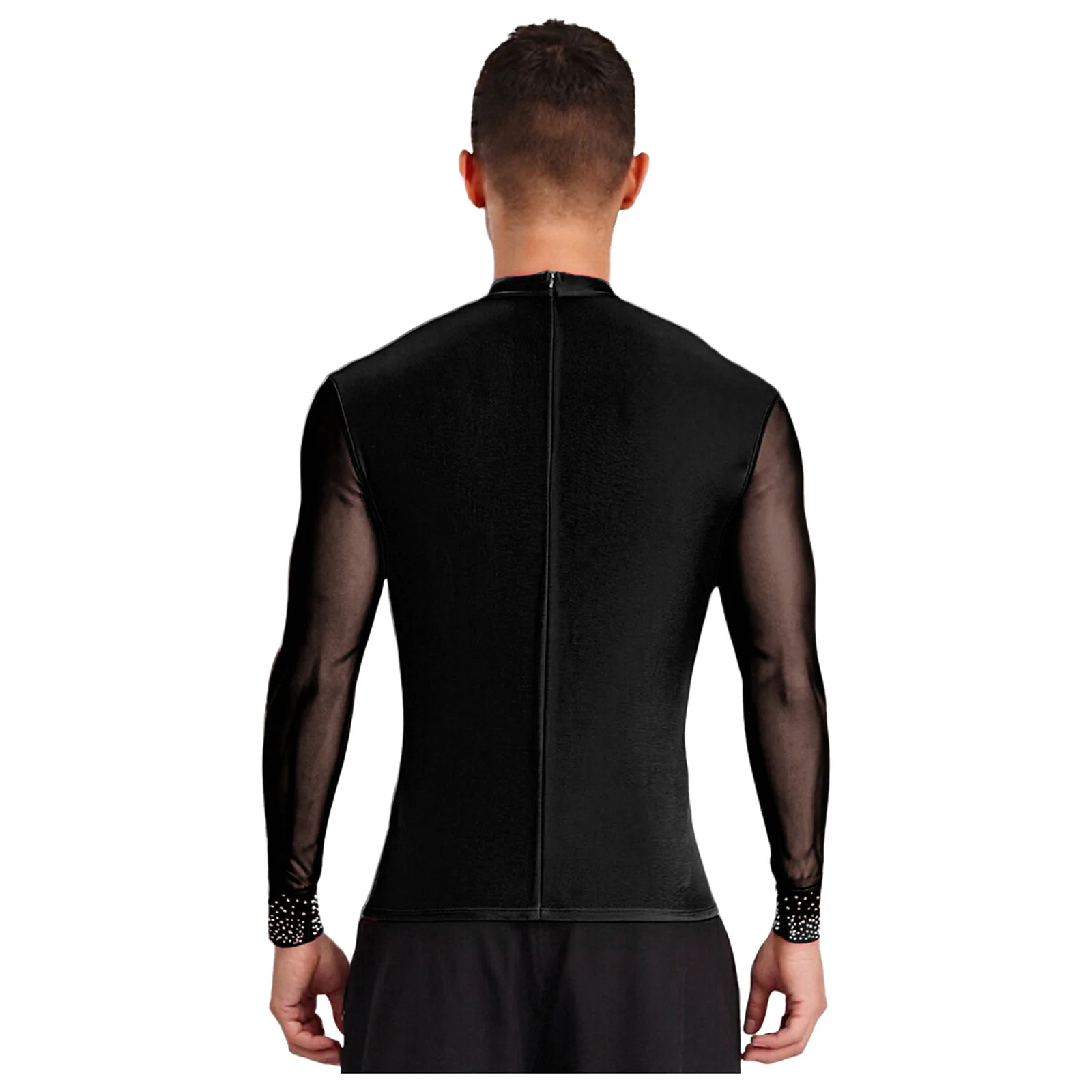 Chacha tango dança latina topo pura malha retalhos brilhantes strass mock pescoço manga longa camiseta blusa para palco de balé