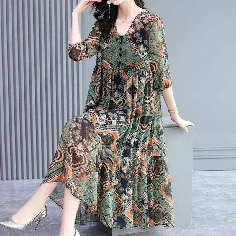 Vintage Elegant Floral Printing Button Chiffon Dresses Summer 2023 Half Sleeve V-Neck Loose Pullover Midi Dress Ladies Clothing