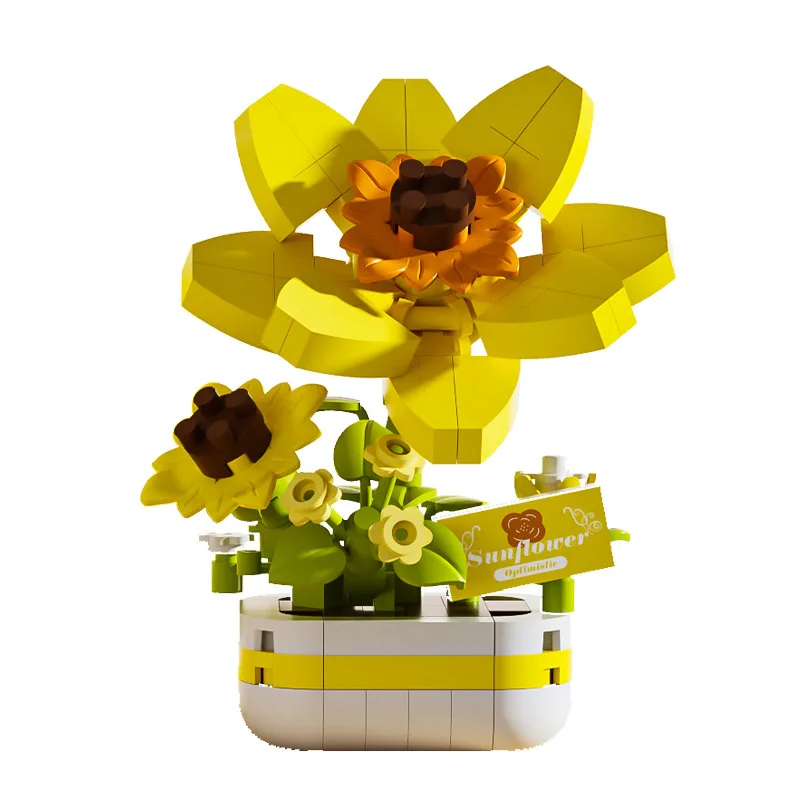 New Bouquet Bonsai Building Blocks Miniature Romantic Rose Sunflower Bricks DIY Potted Model Toy Children\'s Birthday Gift