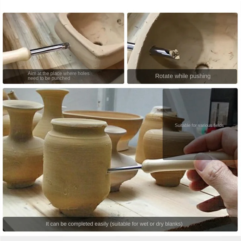 

AEE6-4 Pieces Of Stainless Steel Punch Pot Hole Drilling Round Practical Wooden Handle Manual Set White&Silver