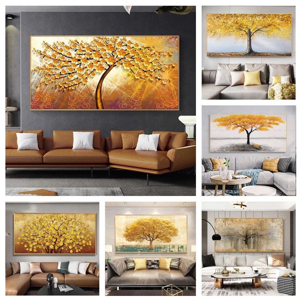 Golden Rich Tree Painting Home Decor Light Luxury Canvas Prints Wall Art Pictures For Living Room Abstract Home Decor No Frame