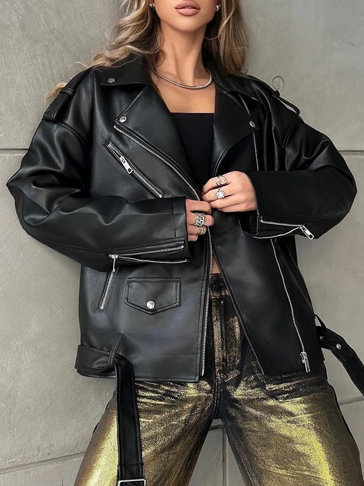 Ailegogo New Spring Autumn Women Loose Black Pu Faux Leather Jacket Moto Biker Streetwear Female Zipper Belt Coat Outwear