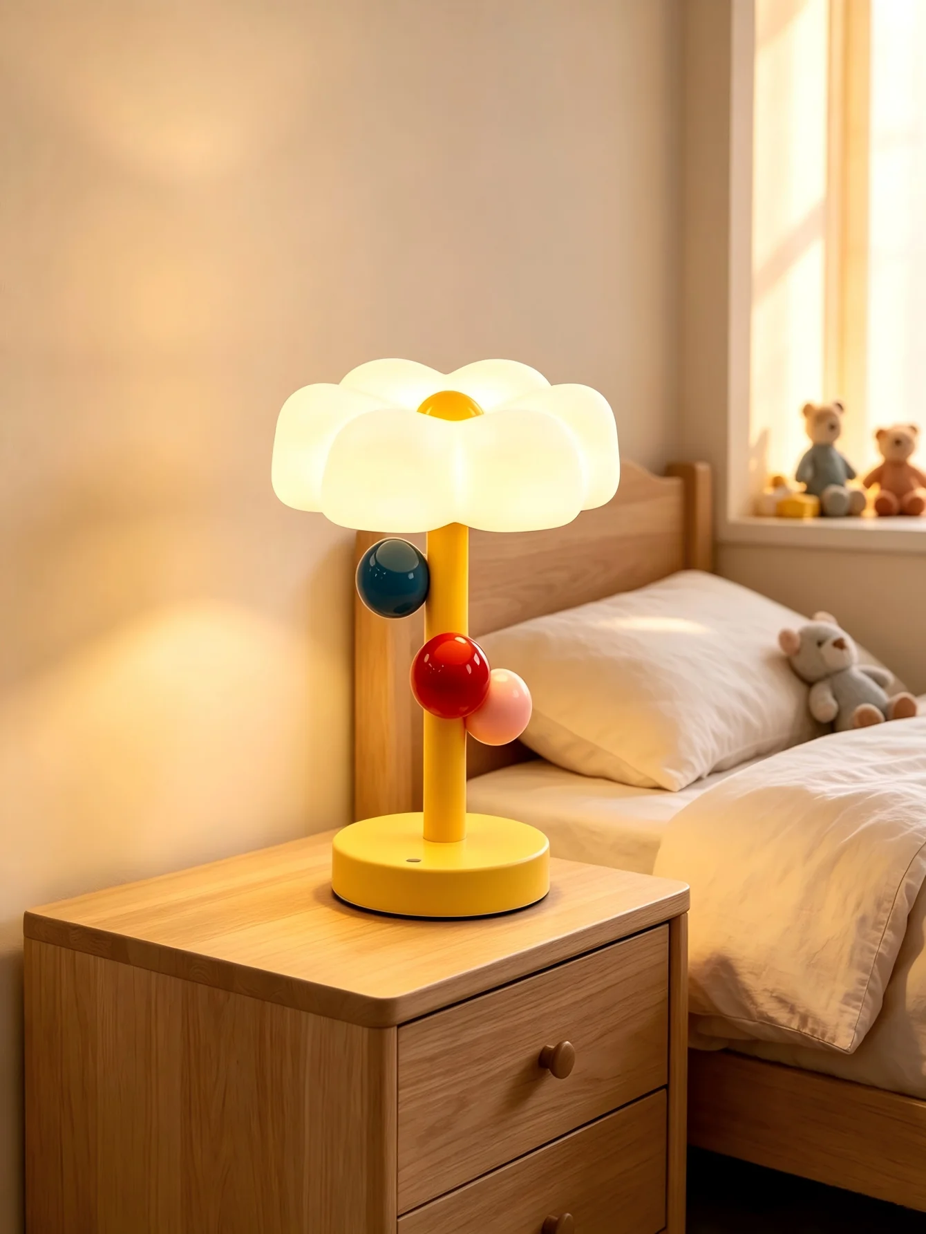 USB Rechargeable Memphis Style Flower Table Lamp Touch Control LED Desk Lamp with Colorful Ball Decor for Kids Bedside Night Lig