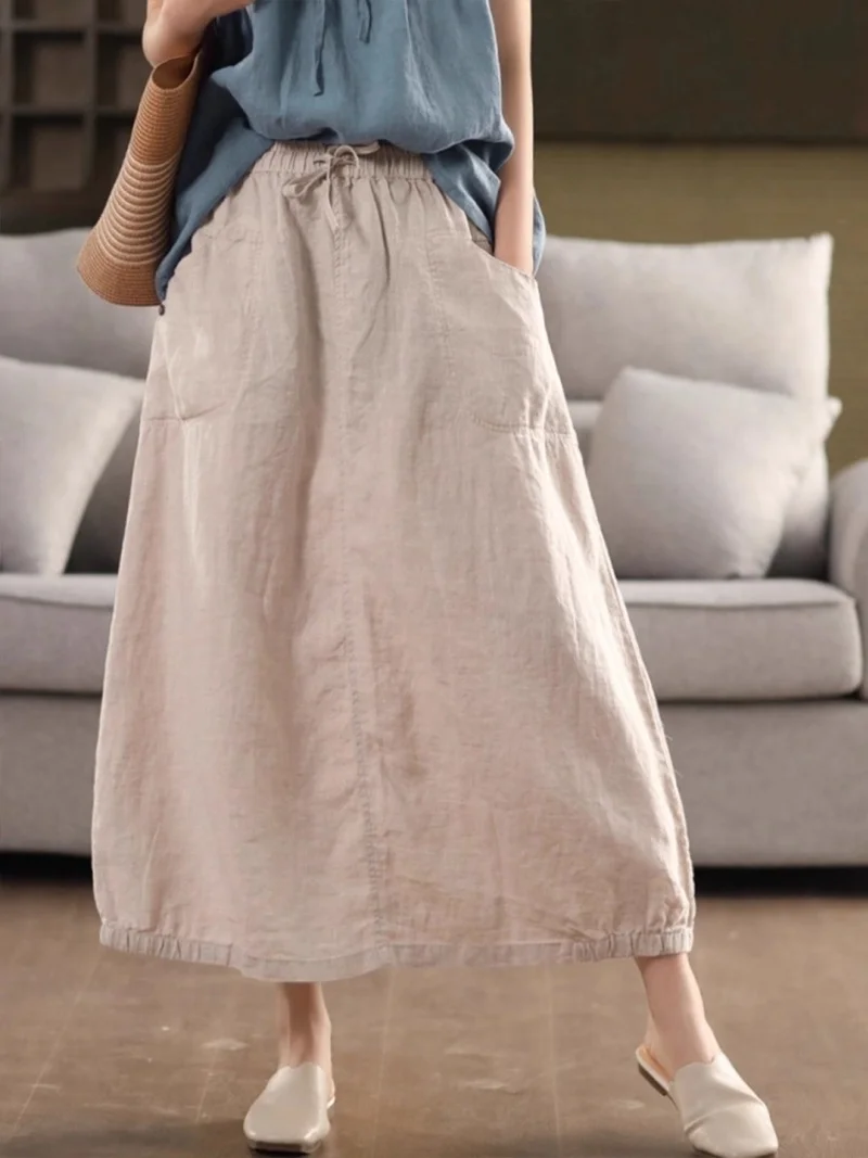 

Artistic Retro Linen Skirt For Women In Summer Thin Style Loose Elastic Waist A-Line Medium Length Skirt W323