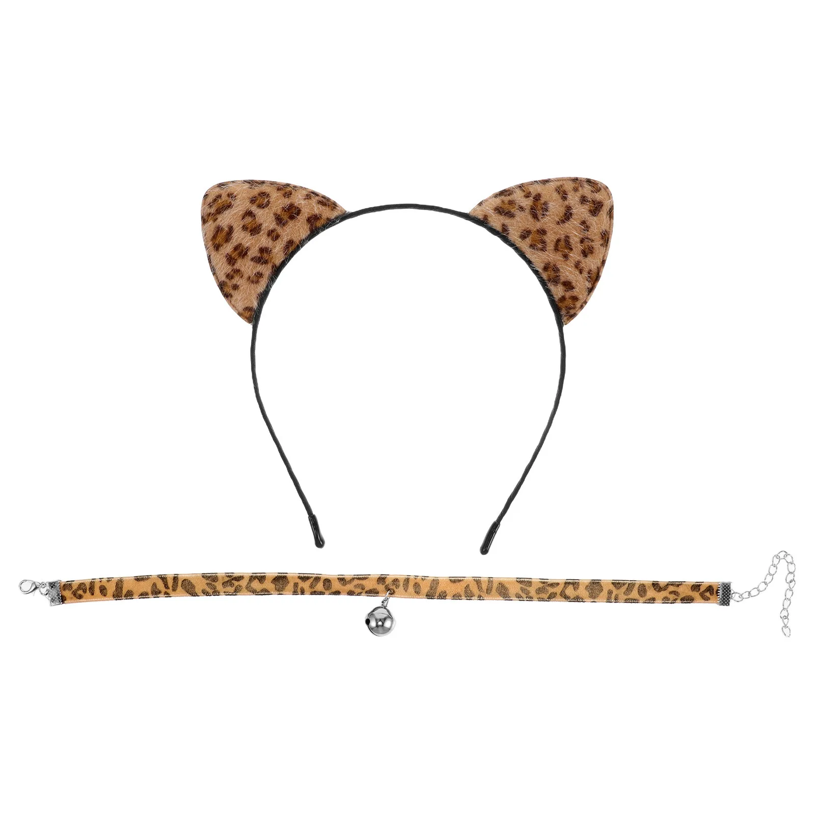 1Set Kat Oren Hoofdband en Bell Choker Set Luipaardprint Feesthoofdtooi voor Volwassenen Leuk Festival Kostuum Accessoire Comfortabel